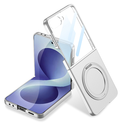 Galaxy Z Flip 8 Kılıf M-safe Şarj Özellikli Zore Kıpta Yüzüklü Kamera Korumalı Kapak Gümüş