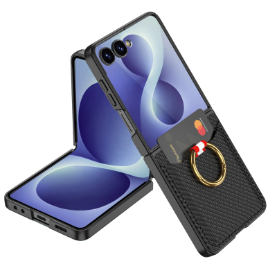 Galaxy Z Flip 8 Zore Kıpta Yüzüklü Kartlıklı Kapak Siyah Karbon