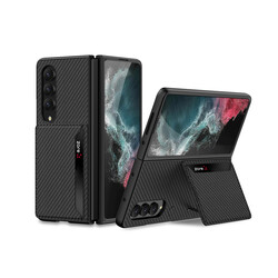 Galaxy Z Fold 4 Case Carbonfiber Back Surface Zore Silicone Cover with Card Holder Black