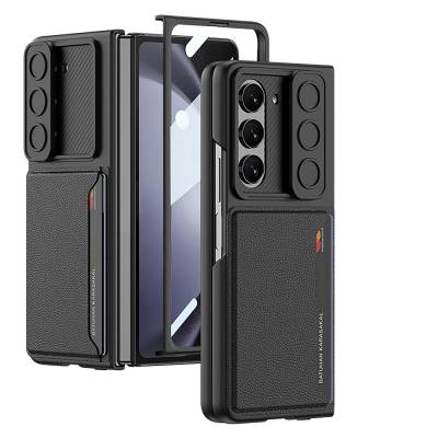 Galaxy Z Fold 5 Artificial Leather Back Surface Sliding Camera Protected Zore Card Holder Silicone Cover Black