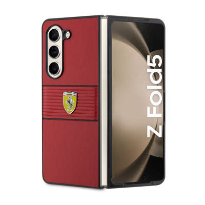 Galaxy Z Fold 5 Case Ferrari Original Licensed PU Leather Metal Logo Multi Striped Cover Red