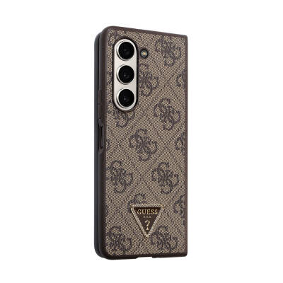 Galaxy Z Fold 5 Case Guess Original Licensed PU Leather Stoned Triangle Logo 4G Patterned Strass Cover Brown