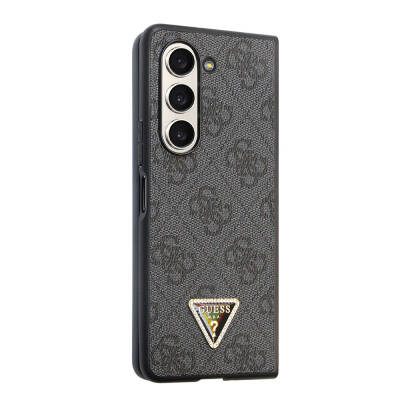 Galaxy Z Fold 5 Case Guess Original Licensed PU Leather Stoned Triangle Logo 4G Patterned Strass Cover Black