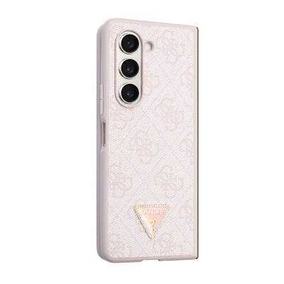 Galaxy Z Fold 5 Case Guess Original Licensed PU Leather Stoned Triangle Logo 4G Patterned Strass Cover Pink