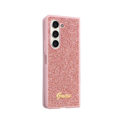 Galaxy Z Fold 5 Case Guess Original Licensed Text Logo Glitter Script Cover Pink