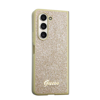 Galaxy Z Fold 5 Case Guess Original Licensed Text Logo Glitter Script Cover Gold