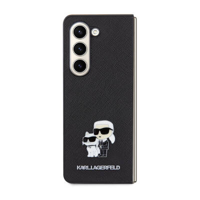 Galaxy Z Fold 5 Case Karl Lagerfeld Original Licensed K&C Metal Logo Saffiano Cover Black