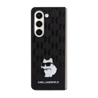 Galaxy Z Fold 5 Case Karl Lagerfeld Original Licensed KL Patterned Choupette Iconic Saffiano Cover Black