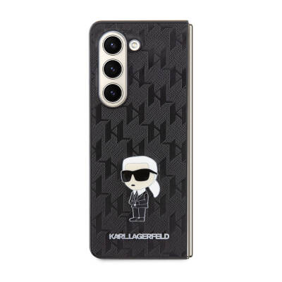 Galaxy Z Fold 5 Case Karl Lagerfeld Original Licensed KL Patterned Karl Iconic Saffiano Cover Black