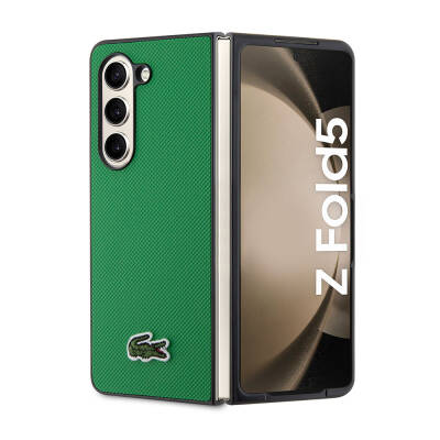 Galaxy Z Fold 5 Case Lacoste Original Licensed PU Pique Pattern Back Surface Iconic Crocodile Woven Logo Cover Green