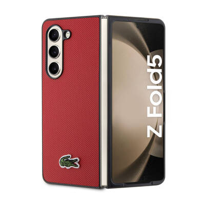 Galaxy Z Fold 5 Case Lacoste Original Licensed PU Pique Pattern Back Surface Iconic Crocodile Woven Logo Cover Red