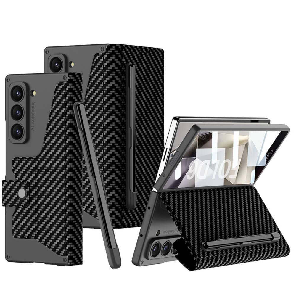 Galaxy Z Fold 6 Case Camera Protected Carbon Design Zore Kıpta Pen Compartment Fest Cover - 1