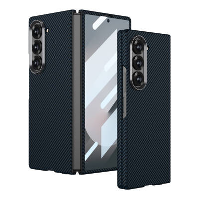 Galaxy Z Fold 6 Case Camera Protected Carbon Fiber Design Back Surface Zore Kıpta Carbon Cover Navy blue