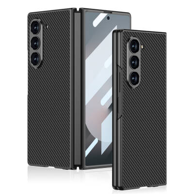 Galaxy Z Fold 6 Case Carbon Fiber Design Titanium Metal Zore Kıpta Caz Cover Siyah Karbon