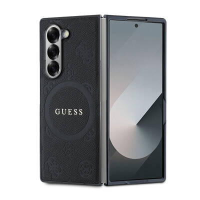 Galaxy Z Fold 6 Case Guess Original Licensed Saffiano Metal Logo Cover Black