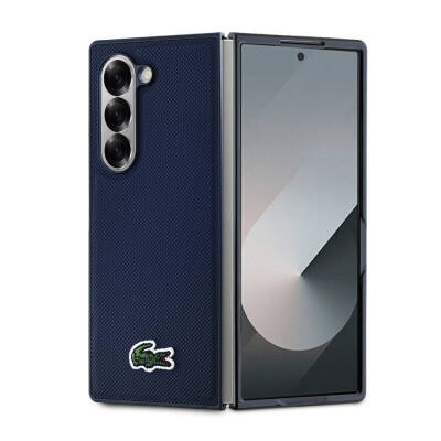 Galaxy Z Fold 6 Case Lacoste Original Licensed Magsafe Charging Featured Pique Pattern Back Surface Iconic Crocodile Woven Logo Cover Navy blue