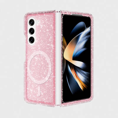 Galaxy Z Fold 6 Case Magsafe Charging Feature Shining Glitter Transparent Colored Zore Allstar Cover Pink