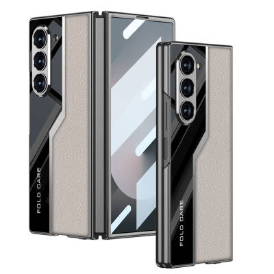 Galaxy Z Fold 6 Case Ultra Thin Camera Protected PC + Leather Back Surface Zore Kıpta Poligan Cover Titanyum-Gri