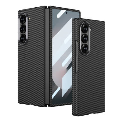 Galaxy Z Fold 6 Kılıf Kamera Korumalı Karbon Fiber Tasarımlı Arka Yüzey Zore Kıpta Karbon Kapak Siyah