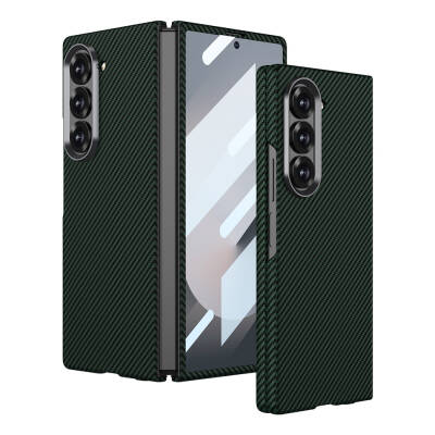 Galaxy Z Fold 6 Kılıf Kamera Korumalı Karbon Fiber Tasarımlı Arka Yüzey Zore Kıpta Karbon Kapak Koyu Yeşil