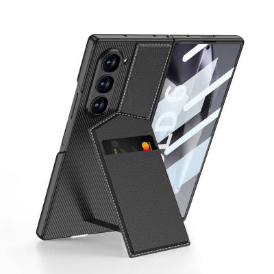 Galaxy Z Fold 6 Kılıf Karbon Fiber Deri Kartlıklı Zore Kıpta Dik Açılan Kartlıklı Kapak Siyah