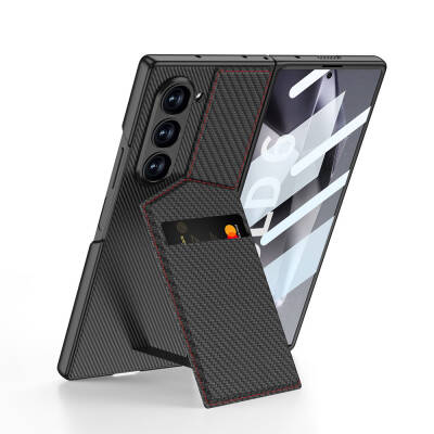 Galaxy Z Fold 6 Kılıf Karbon Fiber Kartlıklı Zore Kıpta Dik Açılan Kartlıklı Kapak Siyah