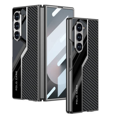 Galaxy Z Fold 6 Kılıf Ultra İnce Kamera Korumalı PC + Karbon Fiber Tasarımlı Arka Yüzey Zore Kıpta Poligan Kapak Siyah