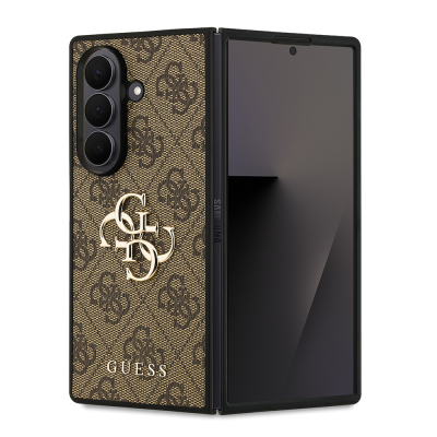 Galaxy Z Fold 7 Case Guess Original Licensed PU Leather Cover with Large Metal Logo Design Brown