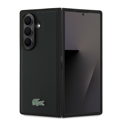 Galaxy Z Fold 7 Case Lacoste Original Licensed M-Safe Charging Feature Pique Patterned Back Surface Iconic Crocodile Metal Logo Cover Black