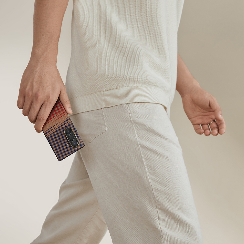 Galaxy Z Fold 7 Kılıf M-safe Şarj Özellikli Aramid Fiber Pitaka Tactile Woven Sunset-Moonrise Serisi Kapak - 9