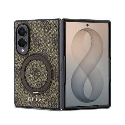 Galaxy Z Fold 8 Kılıf Guess Orjinal Lisanslı M-safe Şarj Özellikli 360 Derece Dönebilen Standlı PU Metal Logolu Kapak Kahverengi