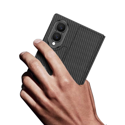 Galaxy Z Fold 8 Kılıf Karbon Fiber Tasarımlı Magnetik Tokalı Kartlıklı Zore Kıpta Zegna Kapak Siyah Karbon
