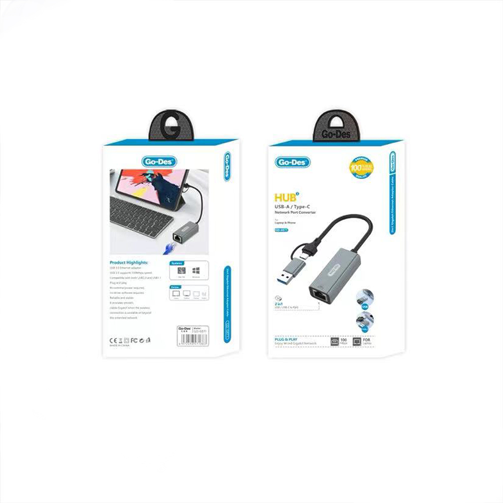 Go Des GD-6871 RJ45 Type-C ve USB-A Ethernet Dönüştürücü Kablo 100Mbps - 4