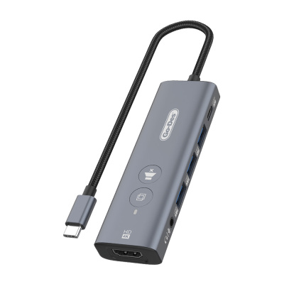 Go Des GD-6903 6in1 Hub Adapter with Type-C Connection USB3.0/Hdmi/PD 100W/3.5mm/4K Ultra HD 30hz/5Gbps Grey