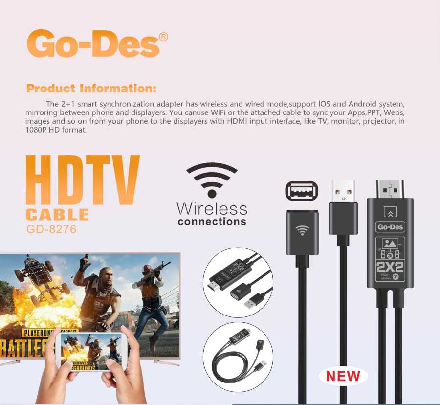 Go Des GD-8276 Wireless Display Dongle Phone Full HDTV Cable - 3