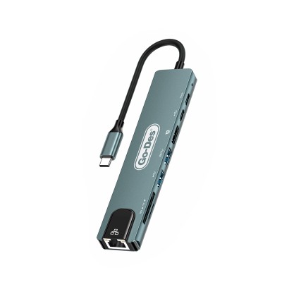 Go Des GD-9230 Type-C Bağlantılı 8in1 USB3.0 + PD + Hdmi 4K Ultra HD + RJ45 + SD/TF Bağlantılı Hub Adaptör Gri