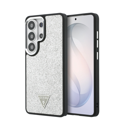 Guess Galaxy S26 Ultra Case, Original Licensed, M-safe, Charging Enabled, Metal Camera Frame, Triangle Logo, Glitter Cover Silver