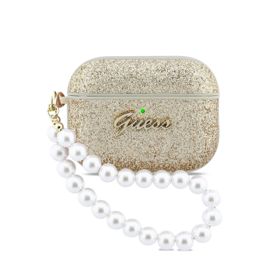 GUESS Glitter Pearl Wrist Strap Case for Apple Airpods Pro 3 Gold