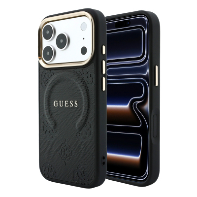 Guess Officially Licensed M-Safe Compatible C-Magnet PU Leather Peony Case for Apple iPhone 18 Pro with Hot-Pressed Logo/Text Black