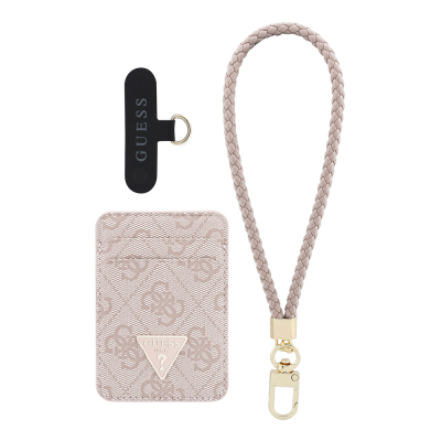 Guess Original Licensed 2-in-1 Wrist Strap Cord 4G Patterned Metal Triangle Logo Magnetic Card Holder Pink