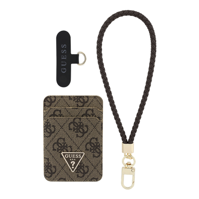 Guess Original Licensed 2-in-1 Wrist Strap Cord 4G Patterned Metal Triangle Logo Magnetic Card Holder Brown