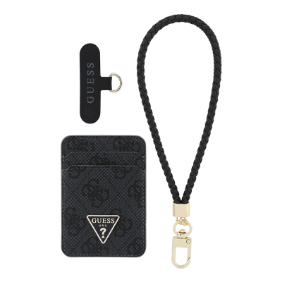 Guess Original Licensed 2-in-1 Wrist Strap Cord 4G Patterned Metal Triangle Logo Magnetic Card Holder Black