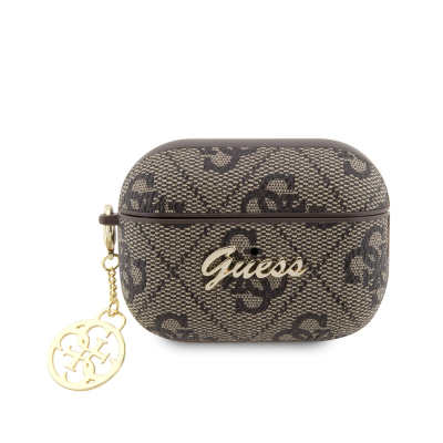 Guess Original Licensed 4G Apple Airpods Pro 3 Case with Metal Design and Script Logo, 4G Charm PU Leather Cover Brown