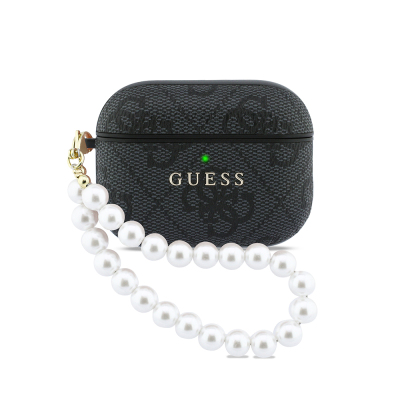 Guess Original Licensed 4G Apple AirPods Pro 3 Case with Pearl Pattern and Wrist Strap Black