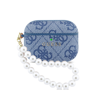 Guess Original Licensed 4G Apple AirPods Pro 3 Case with Pearl Pattern and Wrist Strap Blue