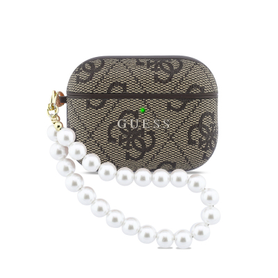 Guess Original Licensed 4G Apple AirPods Pro 3 Case with Pearl Pattern and Wrist Strap Brown
