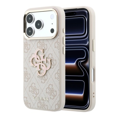 Guess Original Licensed 4G Apple iPhone 18 Pro Case Big Resin Logo and PU Cover Pink