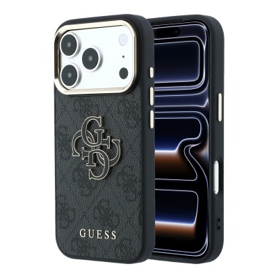 Guess Original Licensed 4G Apple iPhone 18 Pro Case Big Resin Logo and PU Cover Black