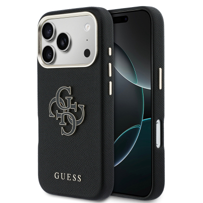 Guess Original Licensed 4G Case for Apple iPhone 17 Pro Max with Large Metal Camera Frame and PU Leather Resin Cover Black