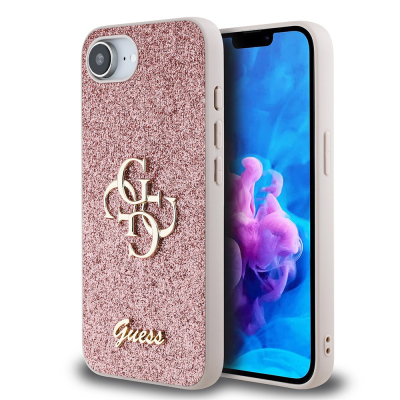 Guess Original Licensed 4G Case for Apple iPhone 17E with Large Metal Logo and Glitter Cover Pink